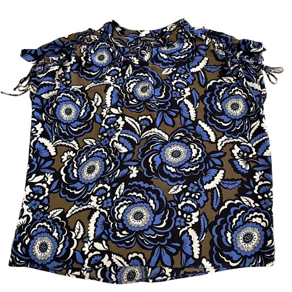 Express Tops - Express Bold Brown, Black and Blue Floral Printed Short Sleeve Blouse Size M